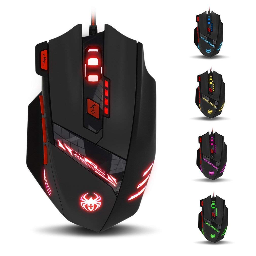 Zelotes T90 Gaming Mouse - 9200 DPI, 8 Programmable Buttons, LED Lights, Black