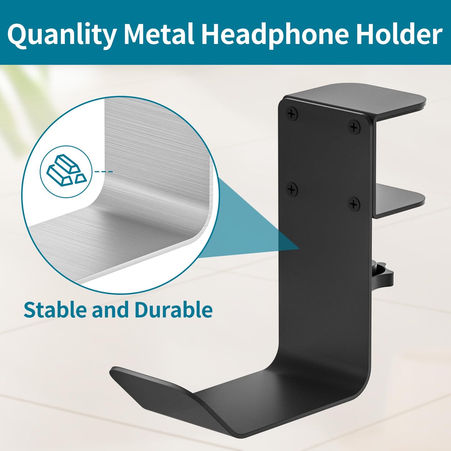 Hztprm Clamp-On Under Desk Headphone Holder - Black Glass Hanger for Headsets & Bags