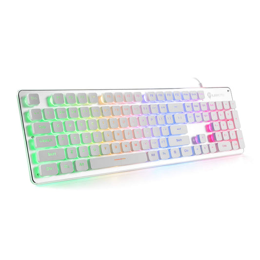 LANGTU L1 UK Membrane Gaming Keyboard, Rainbow LED Backlit, 104 Keys, Anti-Ghosting, USB Wired, White/Silver, 17.7x5x1.2 in