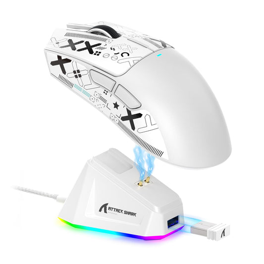 ATTACK SHARK X11 Lightweight Wireless Gaming Mouse - RGB Dock, 22K DPI, Tri-Mode, White with Anti-slip Sticker