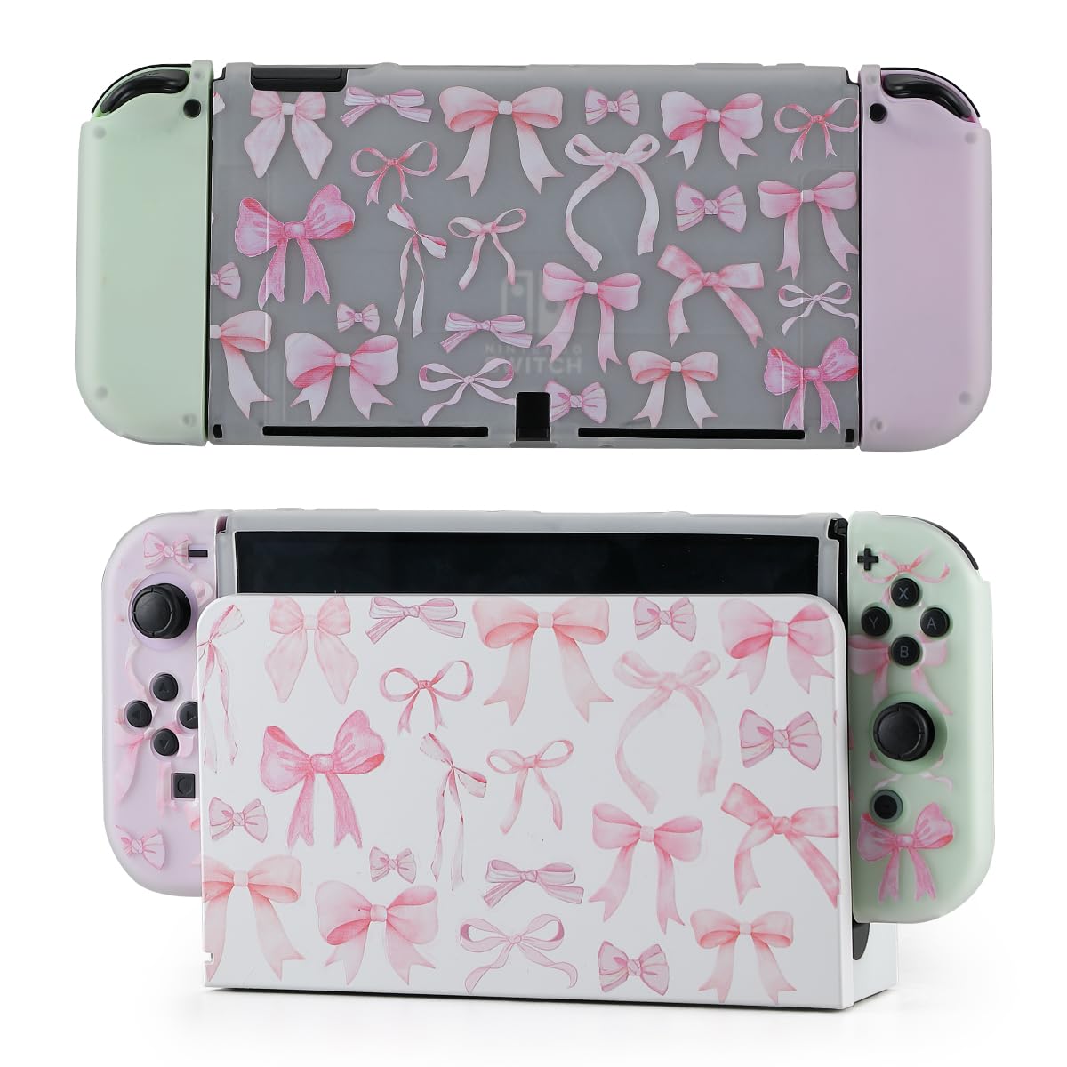 Casosexplorelab Protective Case for Switch OLED  Silicone Cover Shell Compatible with Nintendo Switch OLED Dockable Case Cozy Accessory Full Protection for Controller & Joy con-Pink Coqutte Bow