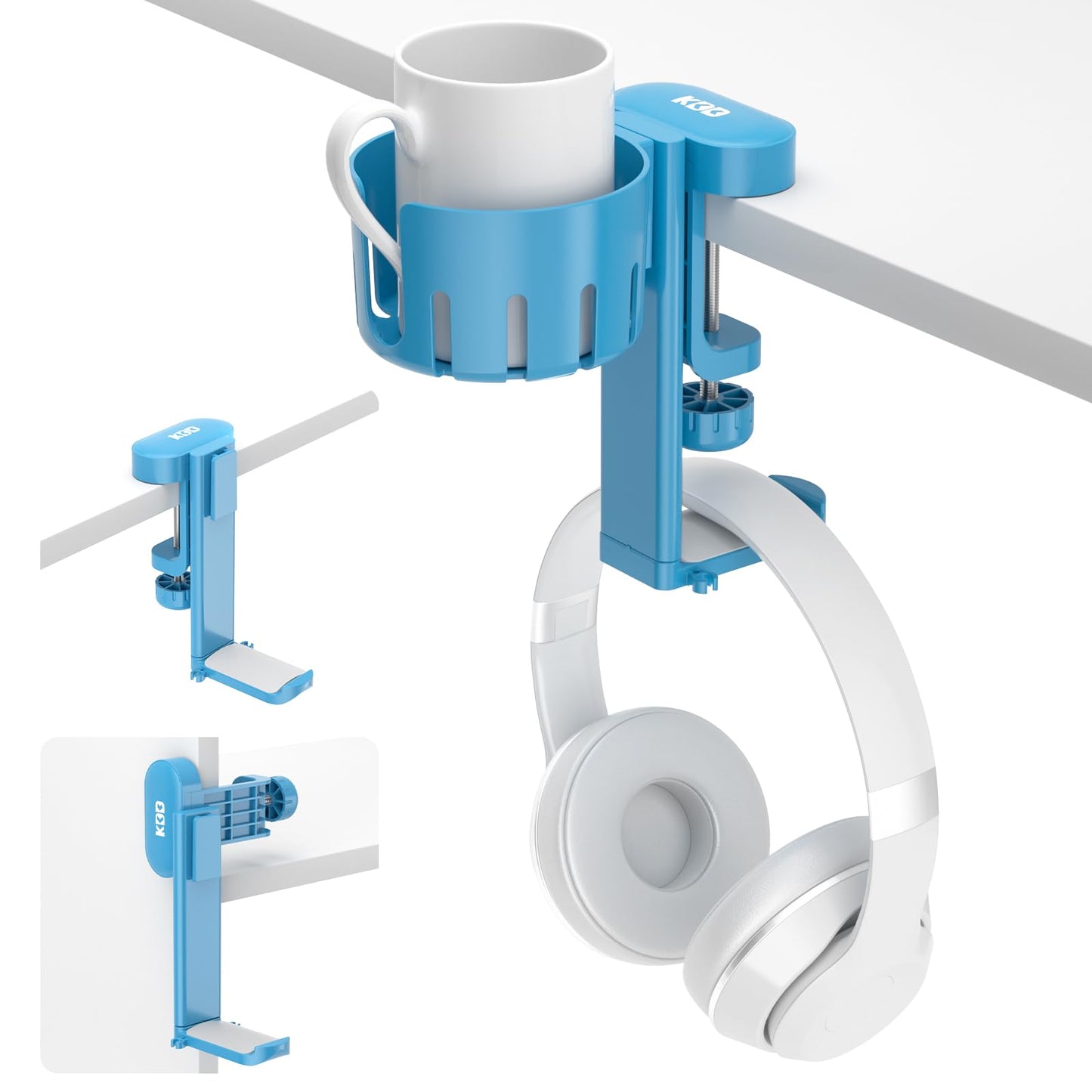 KDD 2 in 1 Headphone Hanger & Desk Cup Holder - Rotatable Under Desk Clamp - Blue - Model 790-FUTI