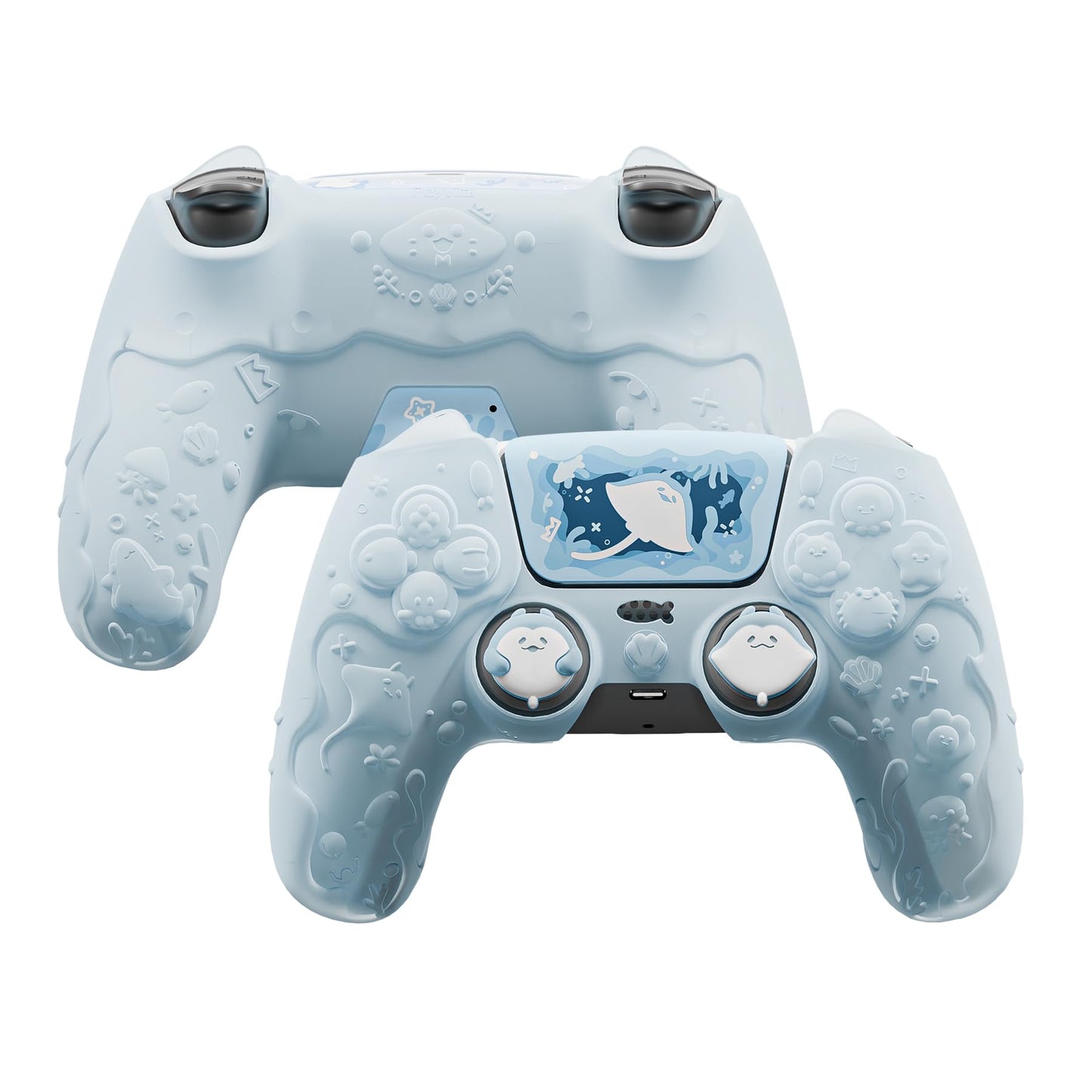 PlayVital for PS5 Controller Cover Skin - Cute Ocean Whisper Series Semi-Clear Silicone Case for PS5 Controller with Thumb Grip & Sticker  Charging Station Compatible  Full Protection - Mint Blue
