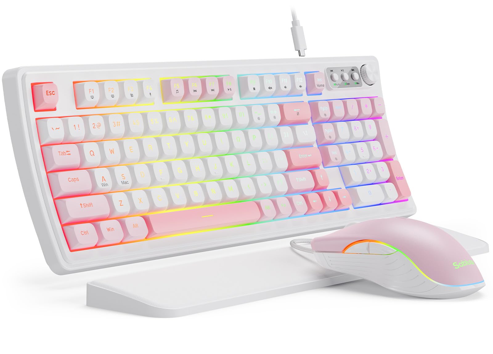 SABLUTE Wired Gaming Keyboard and Mouse  RGB Backlit Mechanical Feel Keyboard and Mouse  Multimedia Knob & Anti-Ghosting Ergonomic Premium Leather Wrist Rest for Game (Pink)