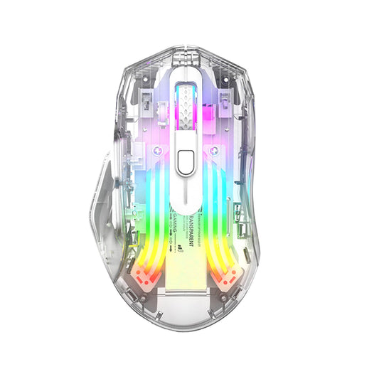 HXMJ-Wireless Gaming Mice with Transparent Crystal Shell Tri-Modes (USB Wired+2.4G Wireless+Bluetooth) Silent Click RGB Backlit-White