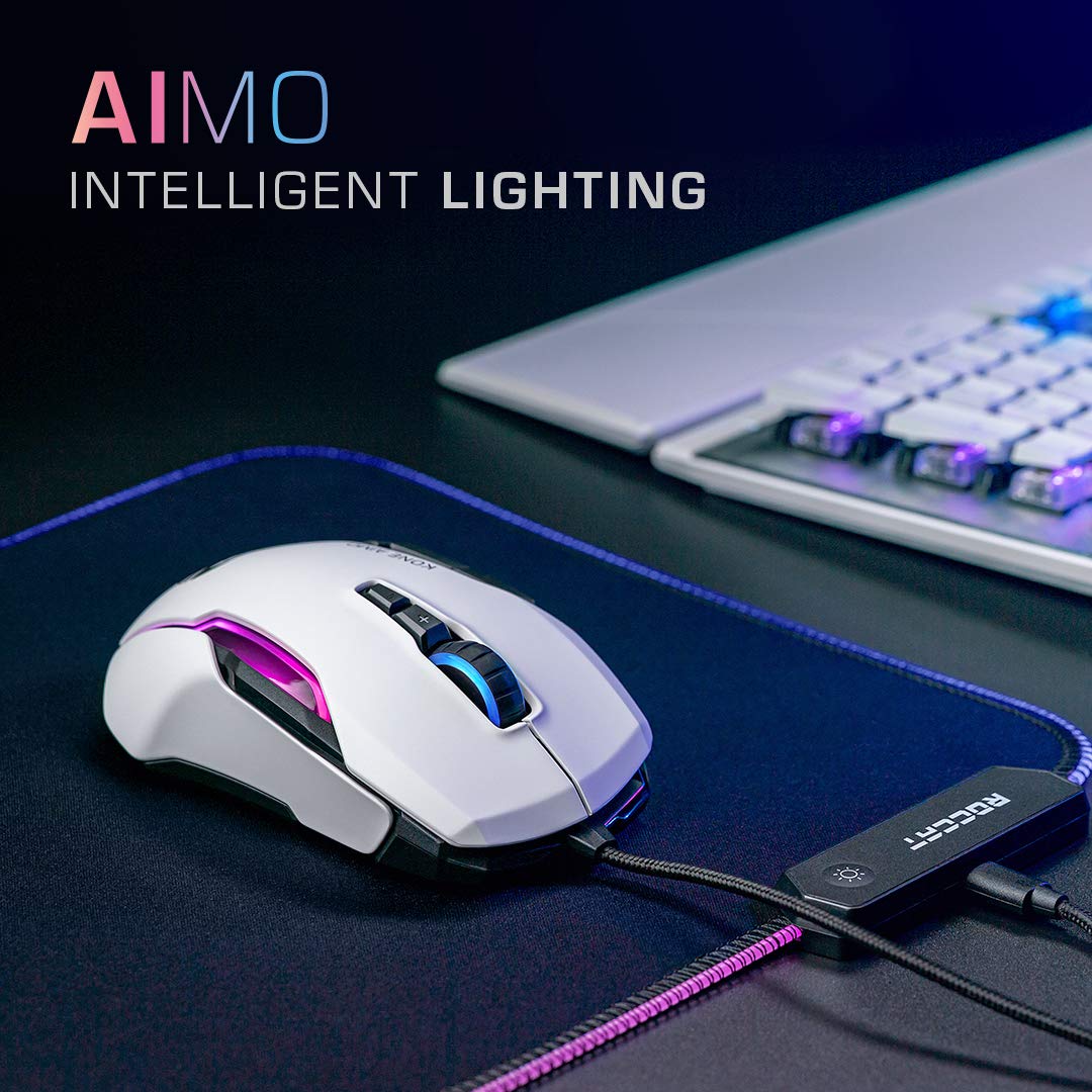 ROCCAT Kone AIMO Remastered Gaming Mouse - Optical, RGB, 23 Keys, 16,000 DPI, Ergonomic, Silver, Model ROC-11-820-WE