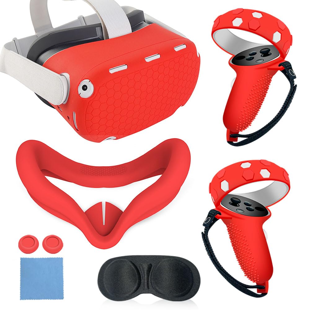 MLemonVR Silicone Cover Set Compatible with Oculus/Meta Quest 2 Accessories Includes Controller Grips Button Caps & Face Cover  Shell Cover  Lens Cover  for Quest 2_Red