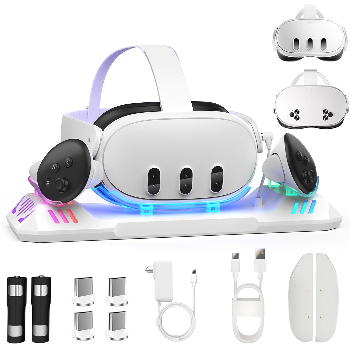 Charging Dock for Meta Quest 3S/Quest 3  Magnetic Charging Station for Oculus Quest 3 VR Headset & Controllers  with 2 Rechargeable 2100mAh Batteries  USB-C Charger and Cable  Supports LED Indicator