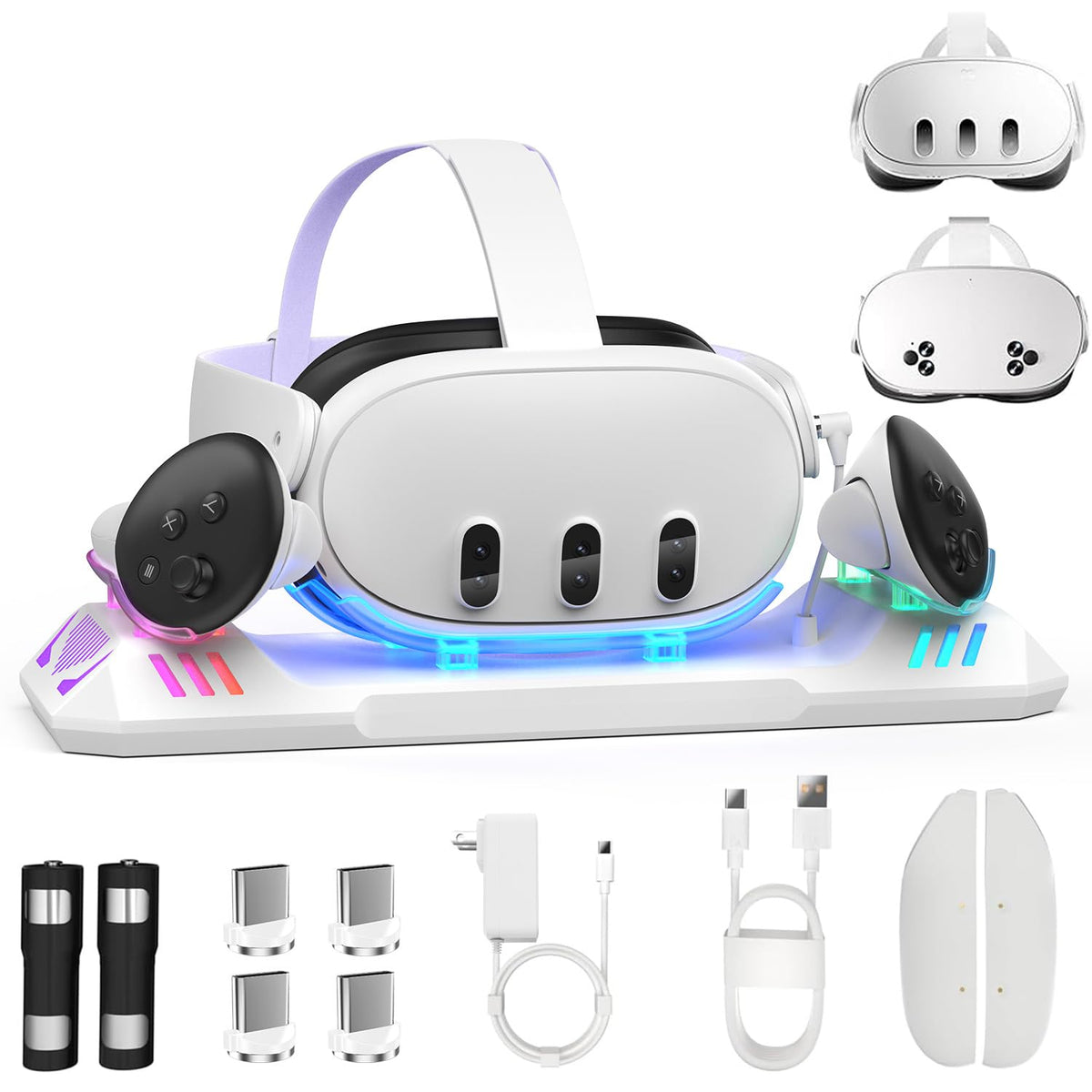 Charging Dock for Meta Quest 3S/Quest 3  Magnetic Charging Station for Oculus Quest 3 VR Headset & Controllers  with 2 Rechargeable 2100mAh Batteries  USB-C Charger and Cable  Supports LED Indicator