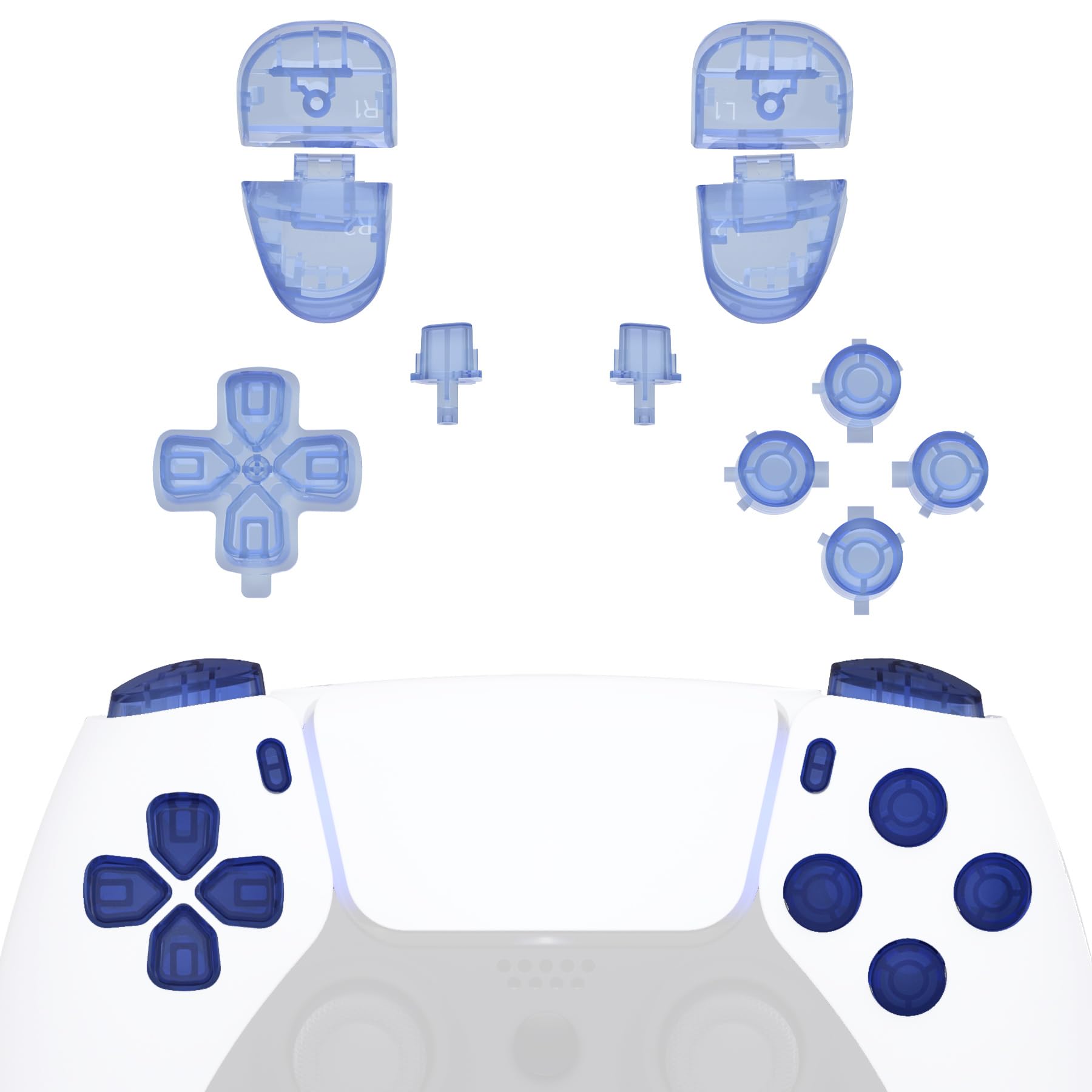 eXtremeRate Replacement D-pad R1 L1 R2 L2 Triggers Share Options Face Buttons  Crystal Clear Light Blue Full Set Buttons Compatible with p s 5 Controller BDM-030 BDM-040 BDM-050 - Without Controller