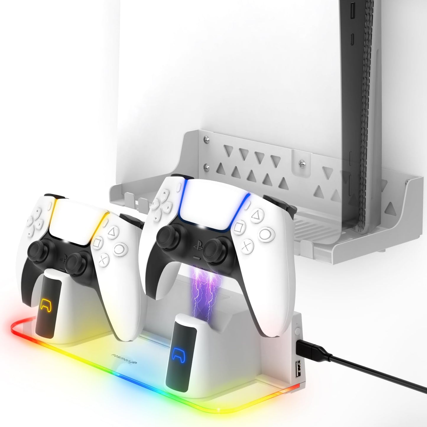 Fosmon Wall Mount Kit with Fast Charging Controller Charger Station Compatible with PS5  RGB Light  Metal Stand & Anchors Compatible with PS5 Disc & Digital Version (Slim & Pro)