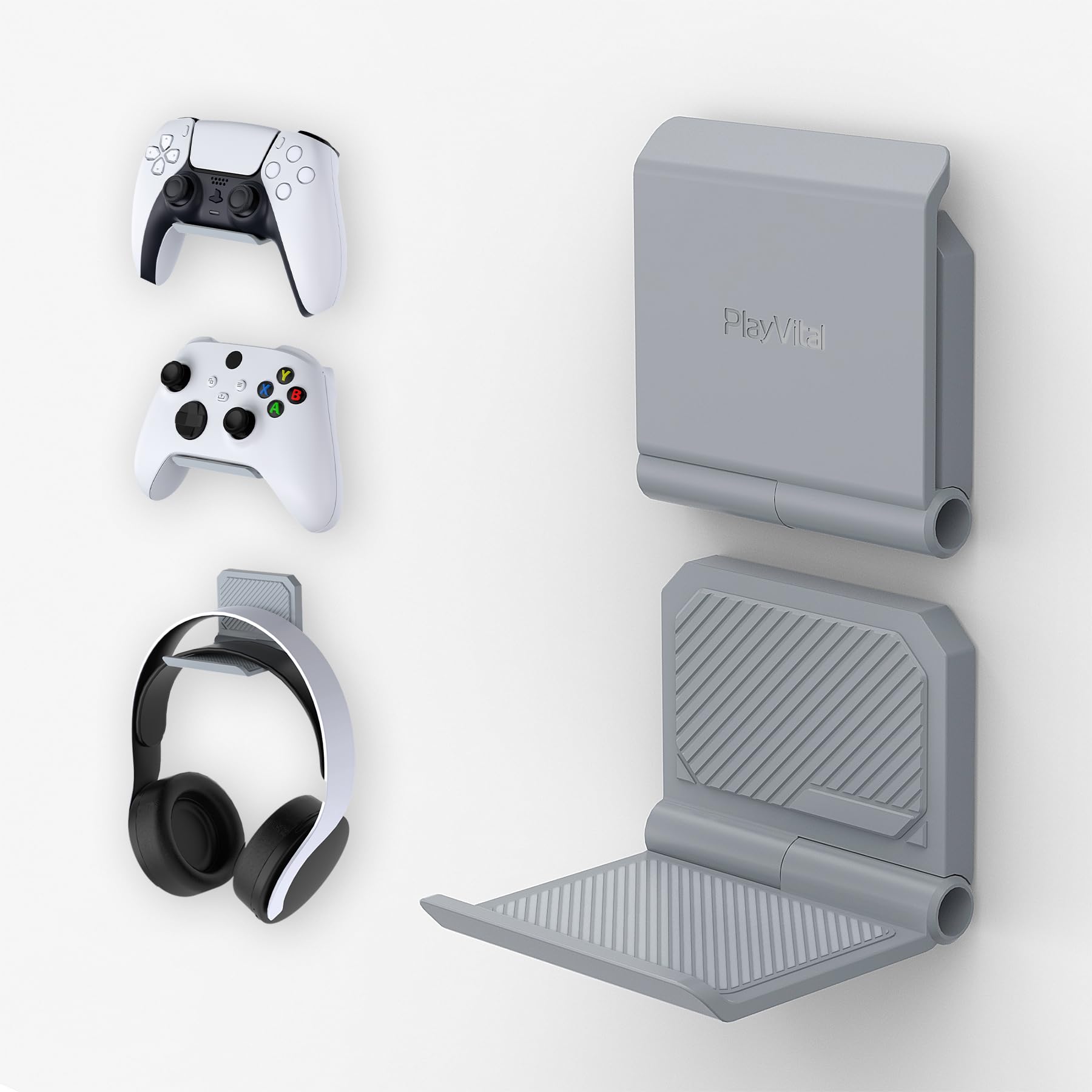 PlayVital FOLD Controller Holder Wall for PS5 PS4 Xbox Switch Pro Headset  2 Pack Universal Organizer Gaming Controller Stand Headphone Mount - Foldable Anti-Slip Adhesive Removable  New Hope Gray