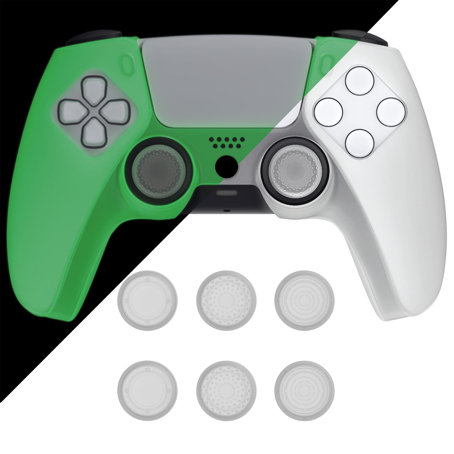 PlayVital Upgraded Pure Series Dockable Anti-Slip Silicone Cover Skin for ps5 Controller  Soft Rubber Grip Case for ps5 Controller Fits with Charging Station with 6 Thumb Grips - Glow in Dark - Green