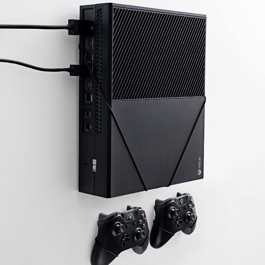 Xbox One Original Wall Mount Solution by FLOATING GRIP - Mounting Kit for Game Consoles - Effective Ventilation  Easy-to-Install System (Bundle: Fits Xbox One Original + 2X Controllers  Black)