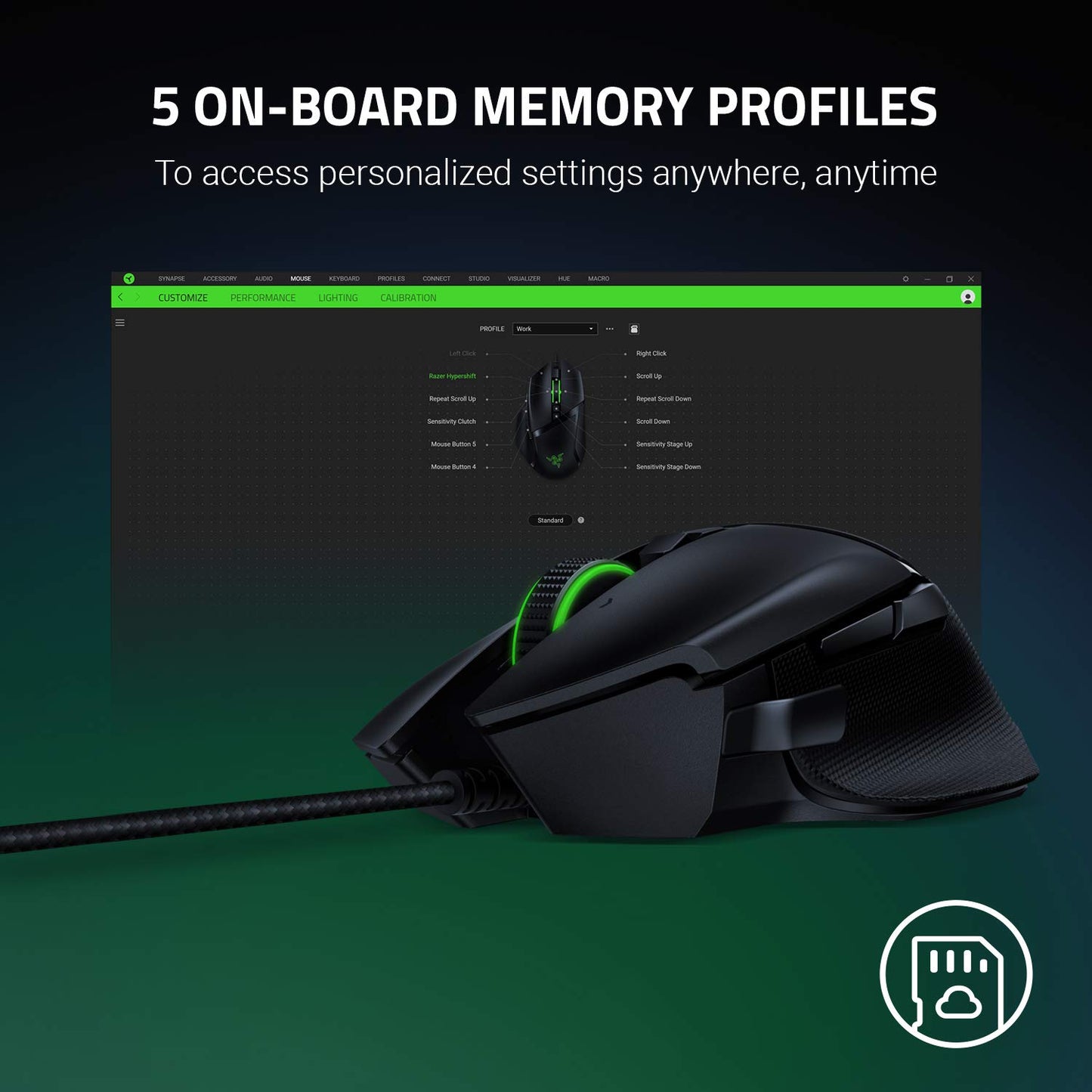 Razer Basilisk v2 Wired Gaming Mouse - 20K DPI, 11 Programmable Buttons, Chroma RGB Lighting, Classic Black