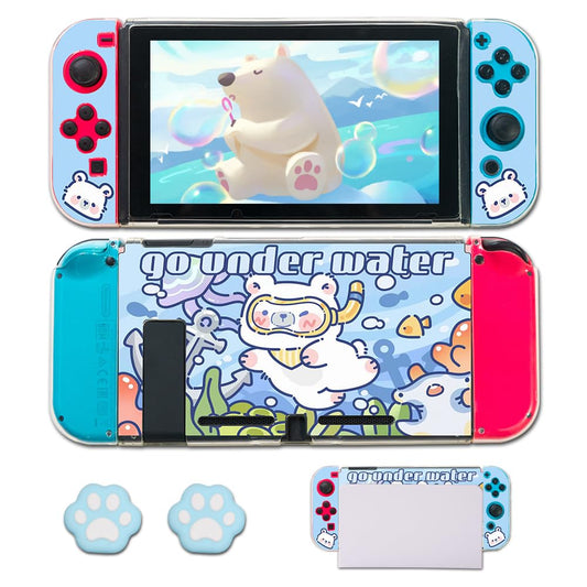 PERFECTSIGHT Polar Bear Switch Protective Case with 2 Thumb Grips Caps  Cute Switch Joycon TPU Cases for Girls Kids Kawaii Shell Compatible with Nintendo Switch Controller Cover