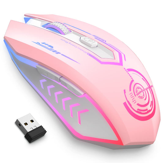 UHURU Gaming Mouse  Wireless Gaming Mouse with 6 Buttons 7 Changeable LED Color up to 10000 DPI  Rechargeable USB Gamer Mouse for PC Laptop (Pink)