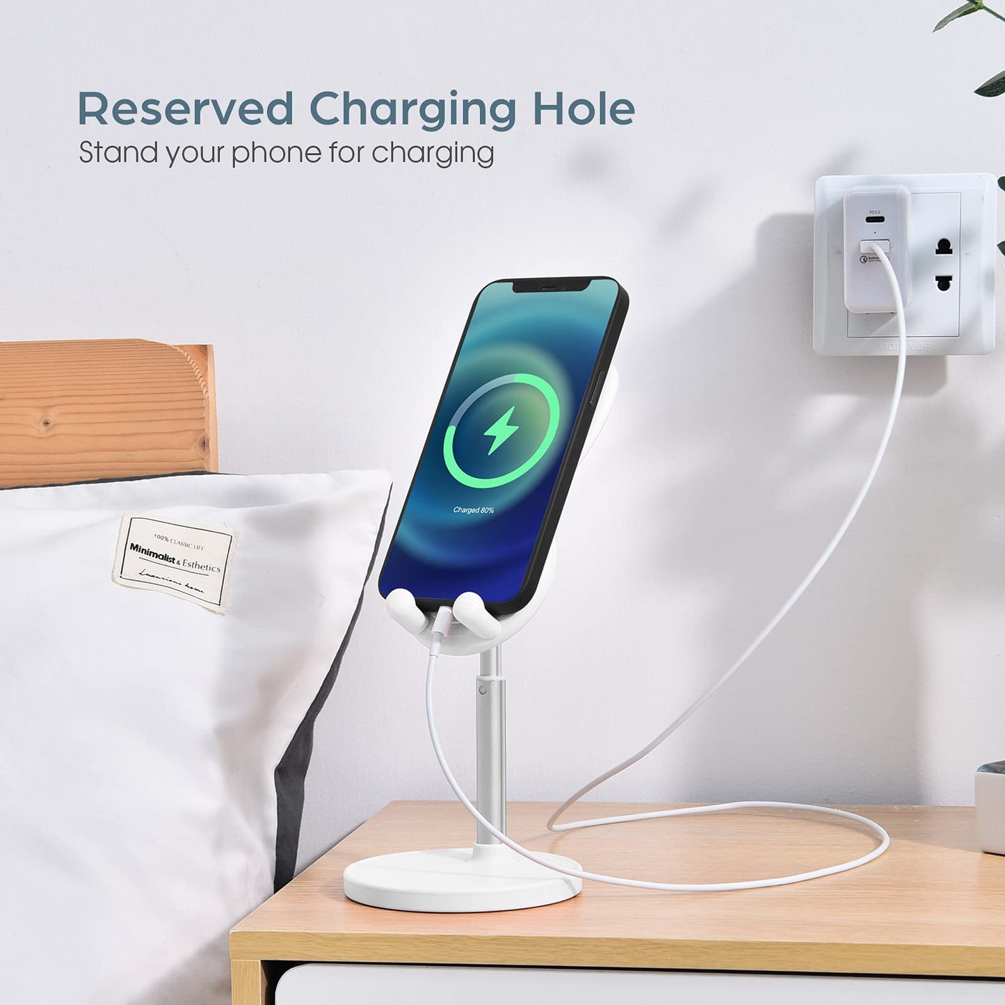 OATSBASF Adjustable Bunny Cell Phone Stand for Desk, Thick Case Friendly, White, Model TZZJ-P