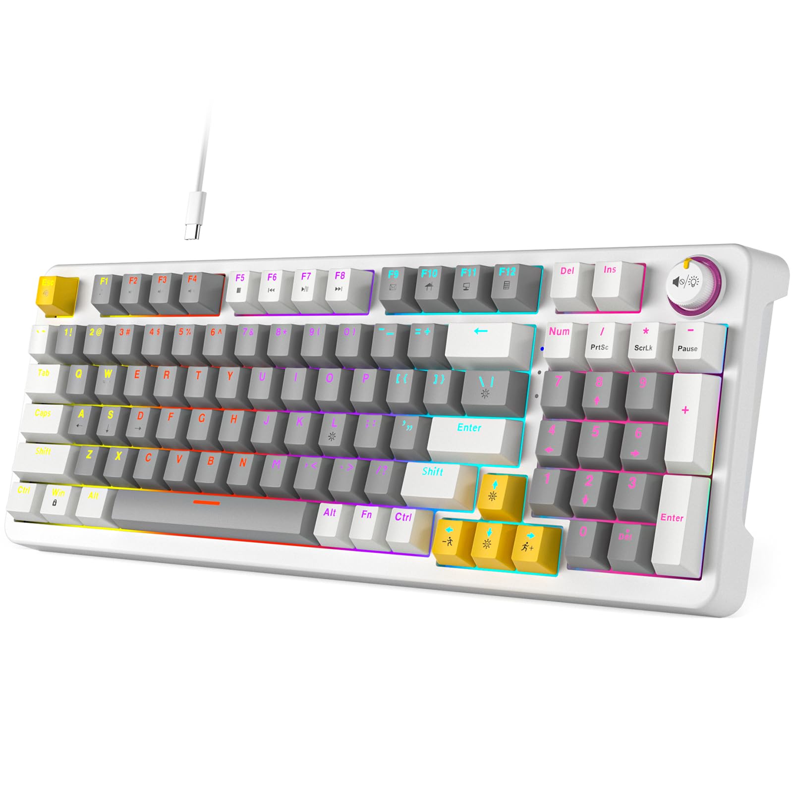 AK96 Smart Mechanical Keyboard Gaming  96 Keys Full Size with LED Colorful Backlit  Clicky Creamy Sounding  USB Wired Computer Keyboard with Volume Knob for PC  Mac  Windows(Grey)