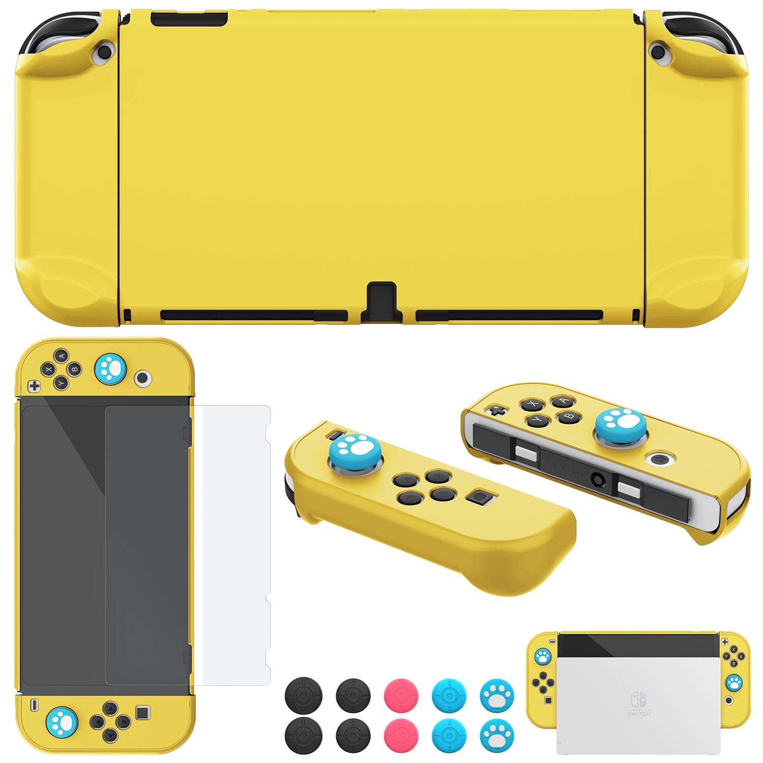 COMCOOL Dockable Case for Nintendo Switch Oled - [9 FT Military Grade Drop Protection] [with Tempered Glass Screen Protector and Thumb Grips] Cute Protective Cover for Nintendo Switch Oled - Yellow