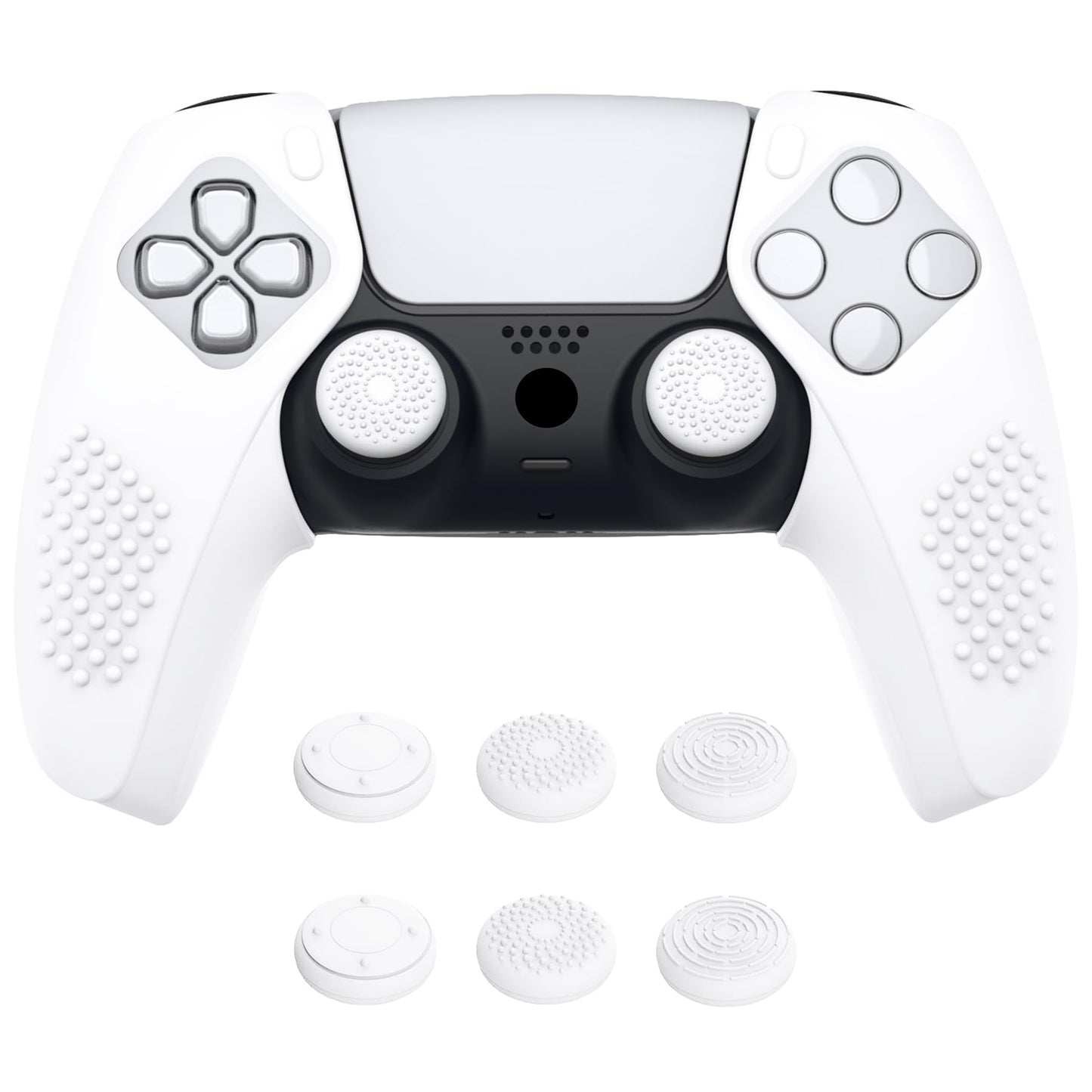 PlayVital 3D Studded Edition Ergonomic Soft Controller Silicone Case Grips for ps5 Compatible with Charging Station Rubber Protector Skins with Thumbstick Caps for ps5 Controller - White
