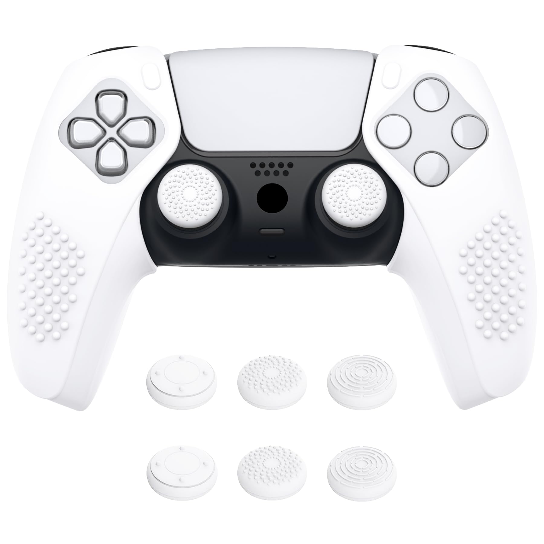 PlayVital 3D Studded Edition Ergonomic Soft Controller Silicone Case Grips for ps5 Compatible with Charging Station Rubber Protector Skins with Thumbstick Caps for ps5 Controller - White