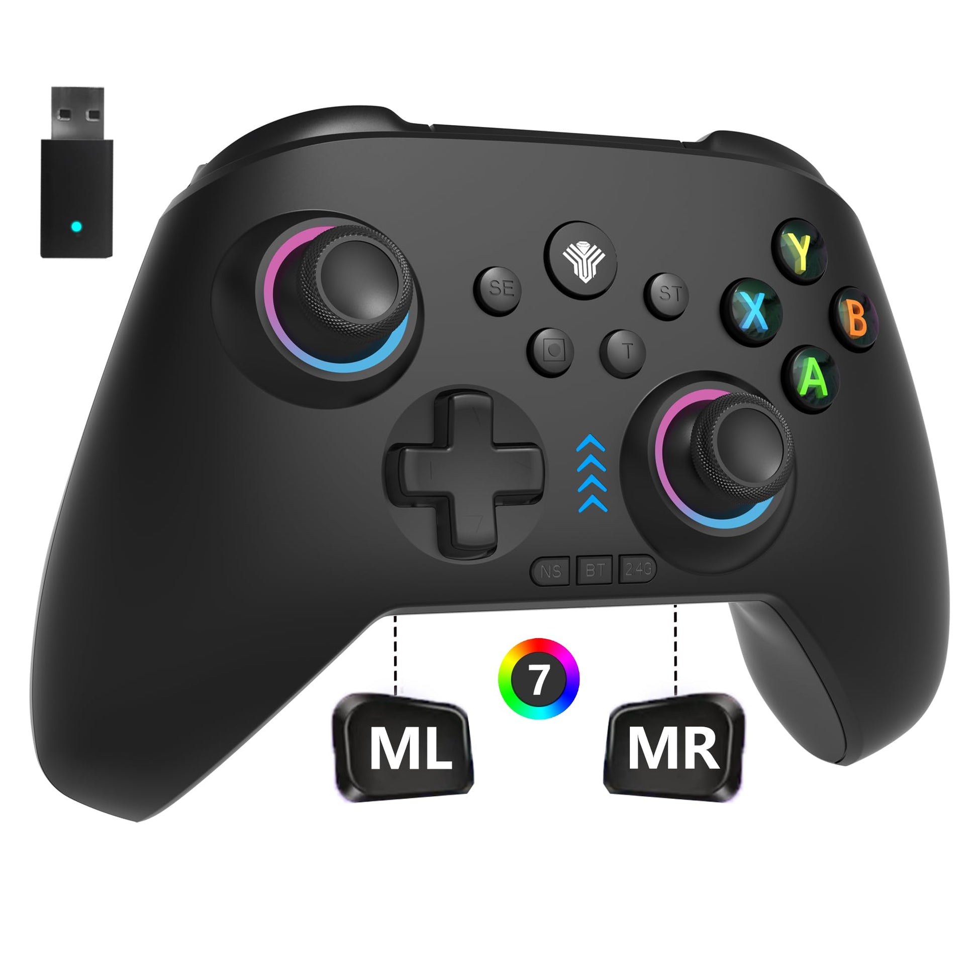 2.4G Wireless PC/Switch Controller with RGB Lighting/Programming Keys/Hall Joysticks/Hall Triggers/Vibrations Three-Mode Switch Controller Plug and Play Work for Windows PC  Android  Switch  Steam TV