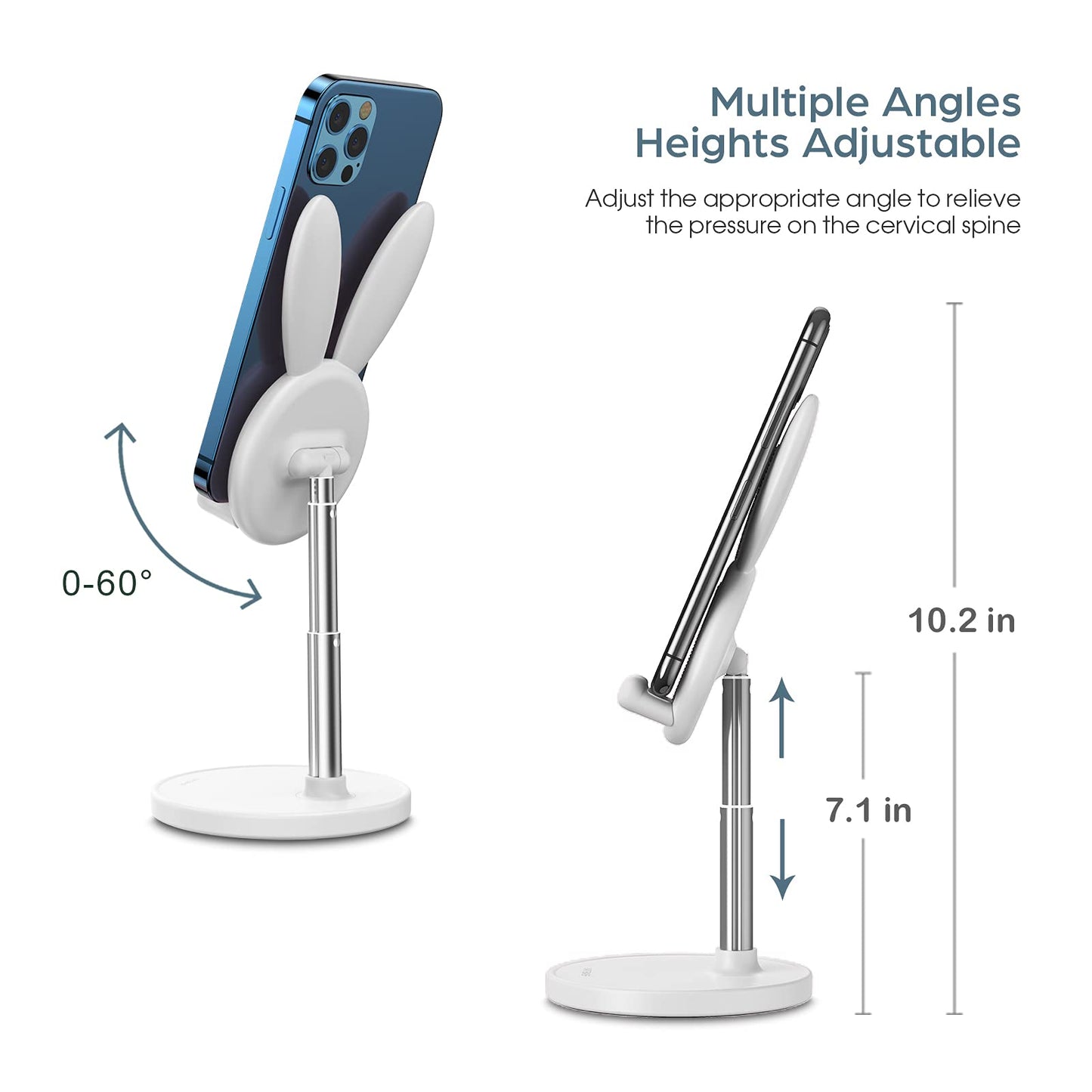 OATSBASF Adjustable Bunny Cell Phone Stand for Desk, Thick Case Friendly, White, Model TZZJ-P