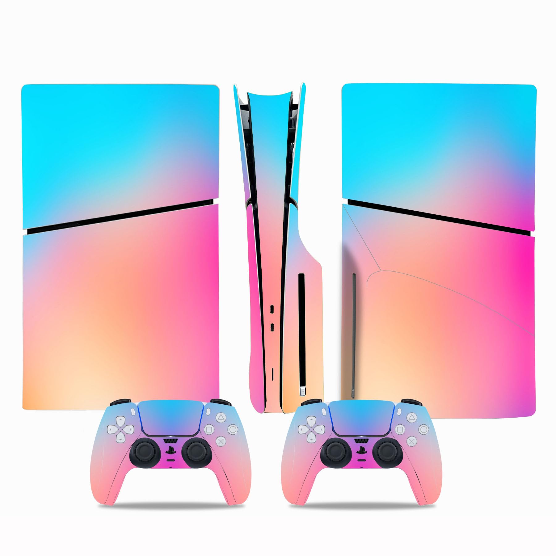 Skin Sticker Compatible with PS5 Slim Disc Console, Vinyl Decal Protective Cover for Wireless Controller (Blue Pink)