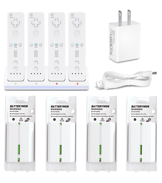 BatteryMon Wii Remote Controller Battery Charger Set, 4-Pack Rechargeable Batteries + Charging Dock with USB Cord, No Controller Included