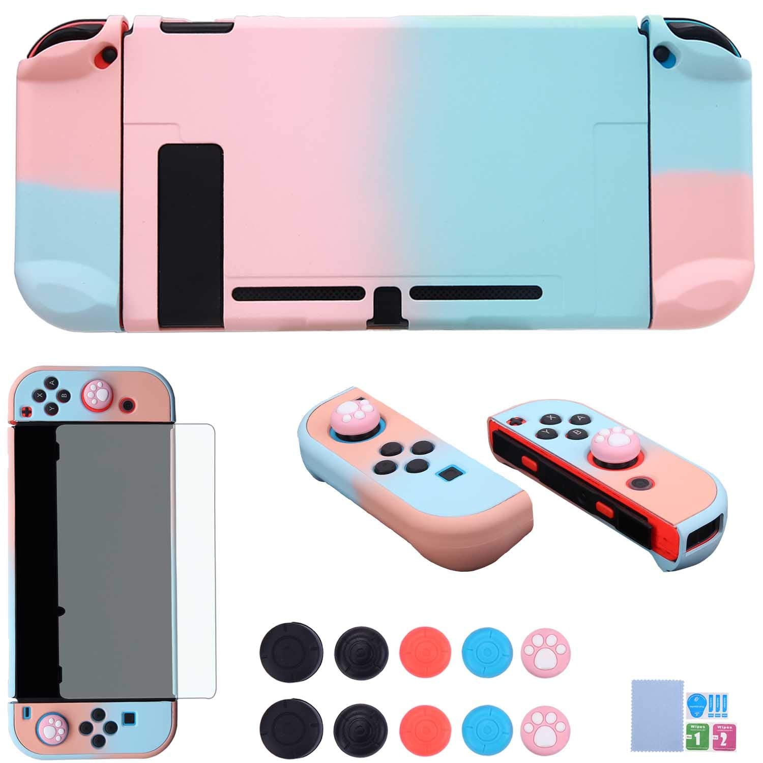 COMCOOL Dockable Case for Nintendo Switch 3 in 1 Protective Cover Case for Nintendo Switch and Joy-Con Controller with Screen Protector and Thumb grips - Pink and Blue