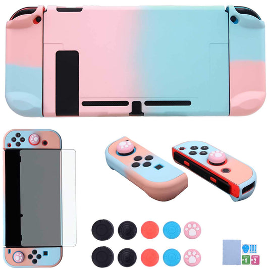 COMCOOL Dockable Case for Nintendo Switch 3 in 1 Protective Cover Case for Nintendo Switch and Joy-Con Controller with Screen Protector and Thumb grips - Pink and Blue