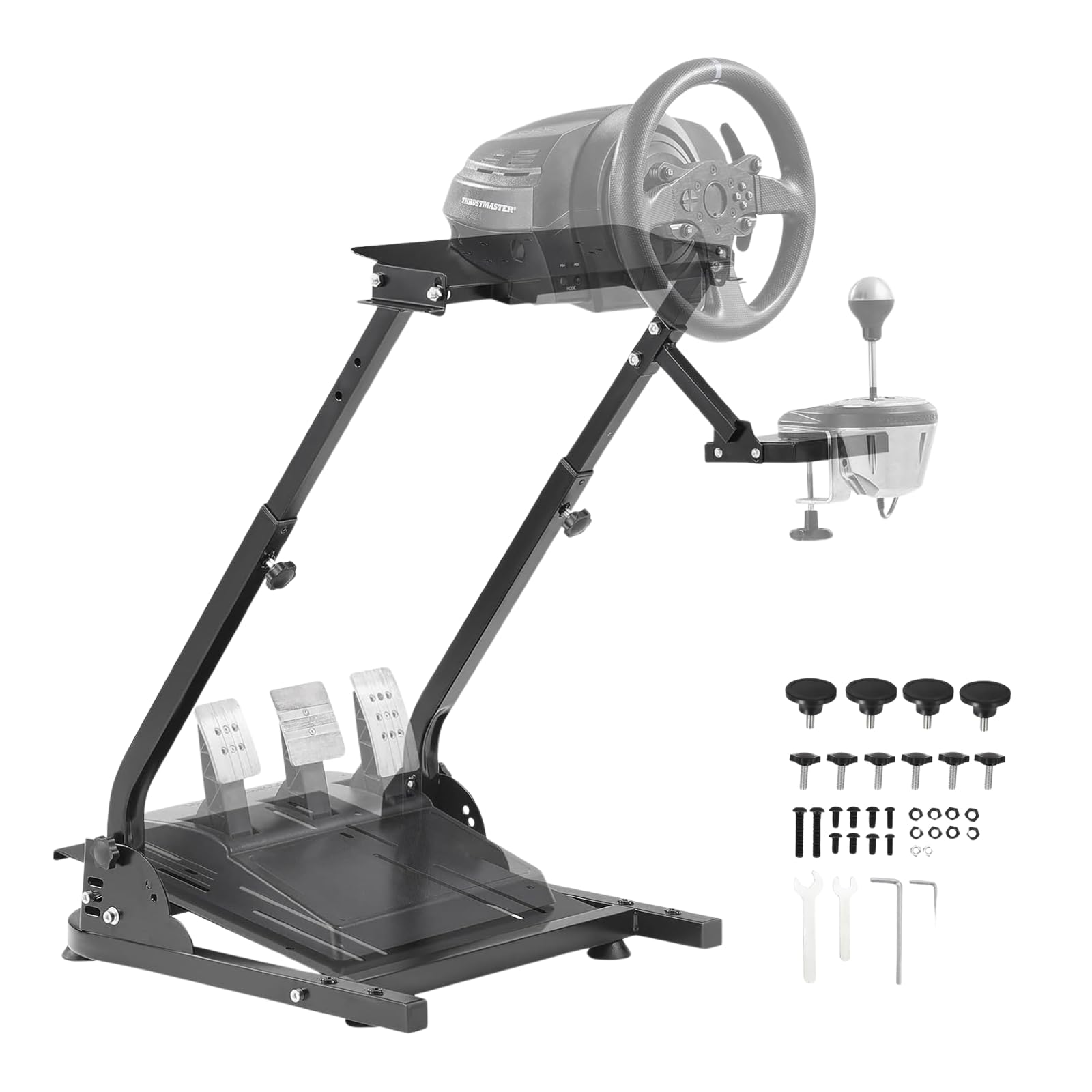 JustSmart L-Shaped Folding Steering Wheel Game Stand - Height Adjustable, Compatible with Logitech, Chair Fixing Seat Slot