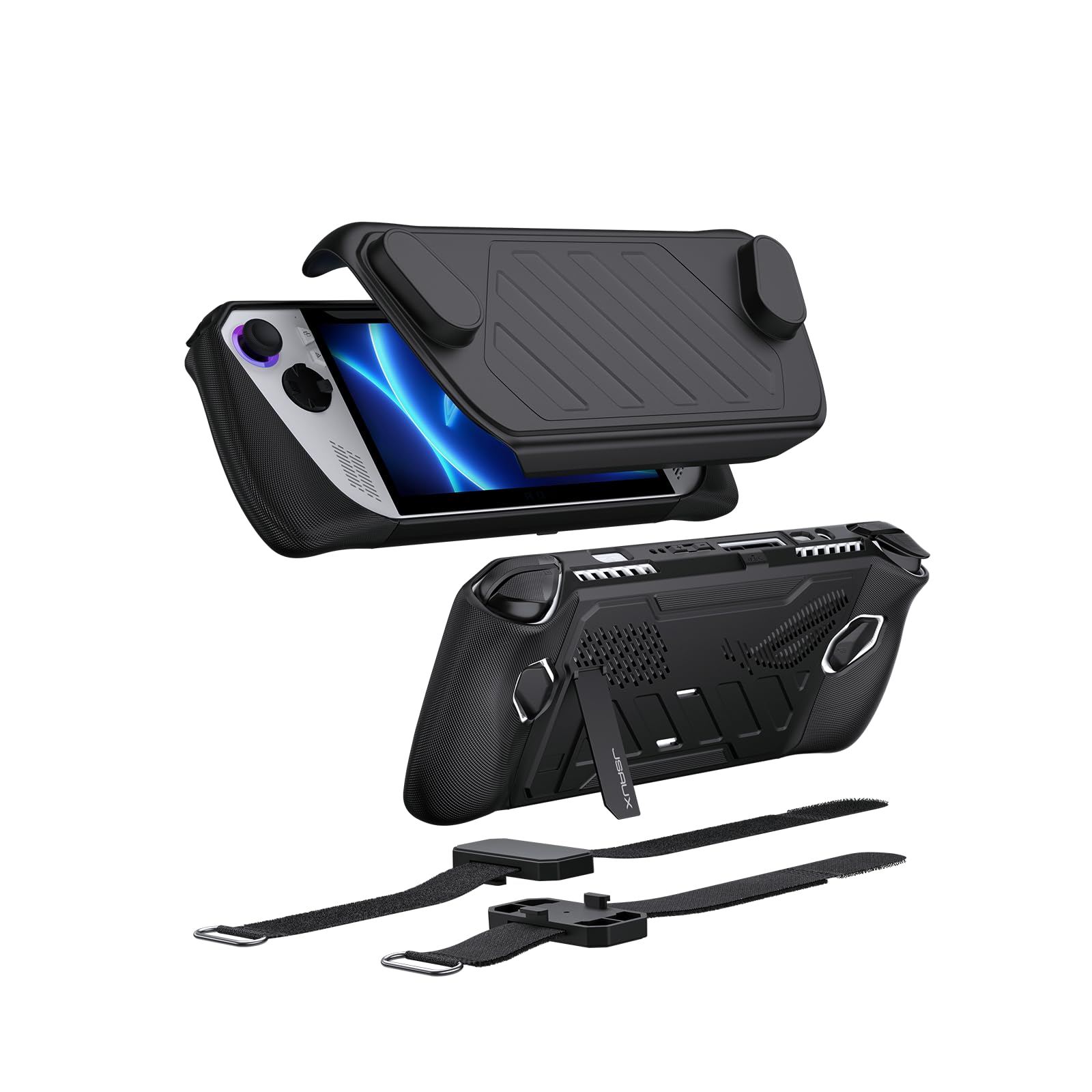 JSAUX ModCase for ROG Ally  PC0109 Protective Case with Detachable Front Shell  Kickstand Back Cover  and Long & Short Hook-and-Loop Straps - Basic Set