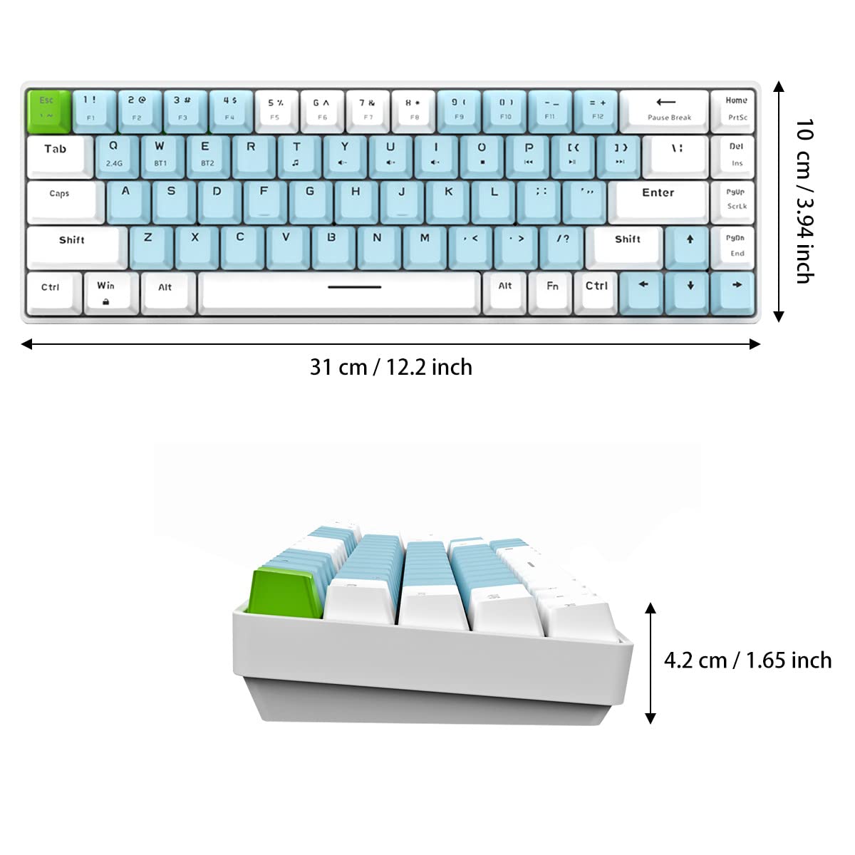 Qisan 60% Mechanical Gaming Keyboard - Dual Mode 2.4G/BT, Blue Switch, Blue & White Combo, 68 Keys, US Layout