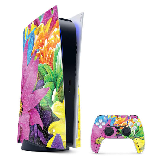 MightySkins Glossy Glitter Gaming Skin for PS5 / PlayStation 5 Bundle - Colorful Flowers | Durable High-Gloss Glitter Finish | Easy to Apply and Change Style | Made in The USA