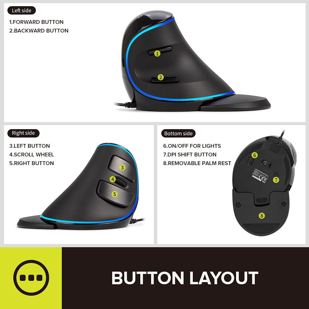 DeLUX Wired Ergonomic Vertical Mouse M618PU - 7200DPI, Large, Blue LED Light, 6 Programmable Buttons, Removable Palm Rest for PC/Laptop