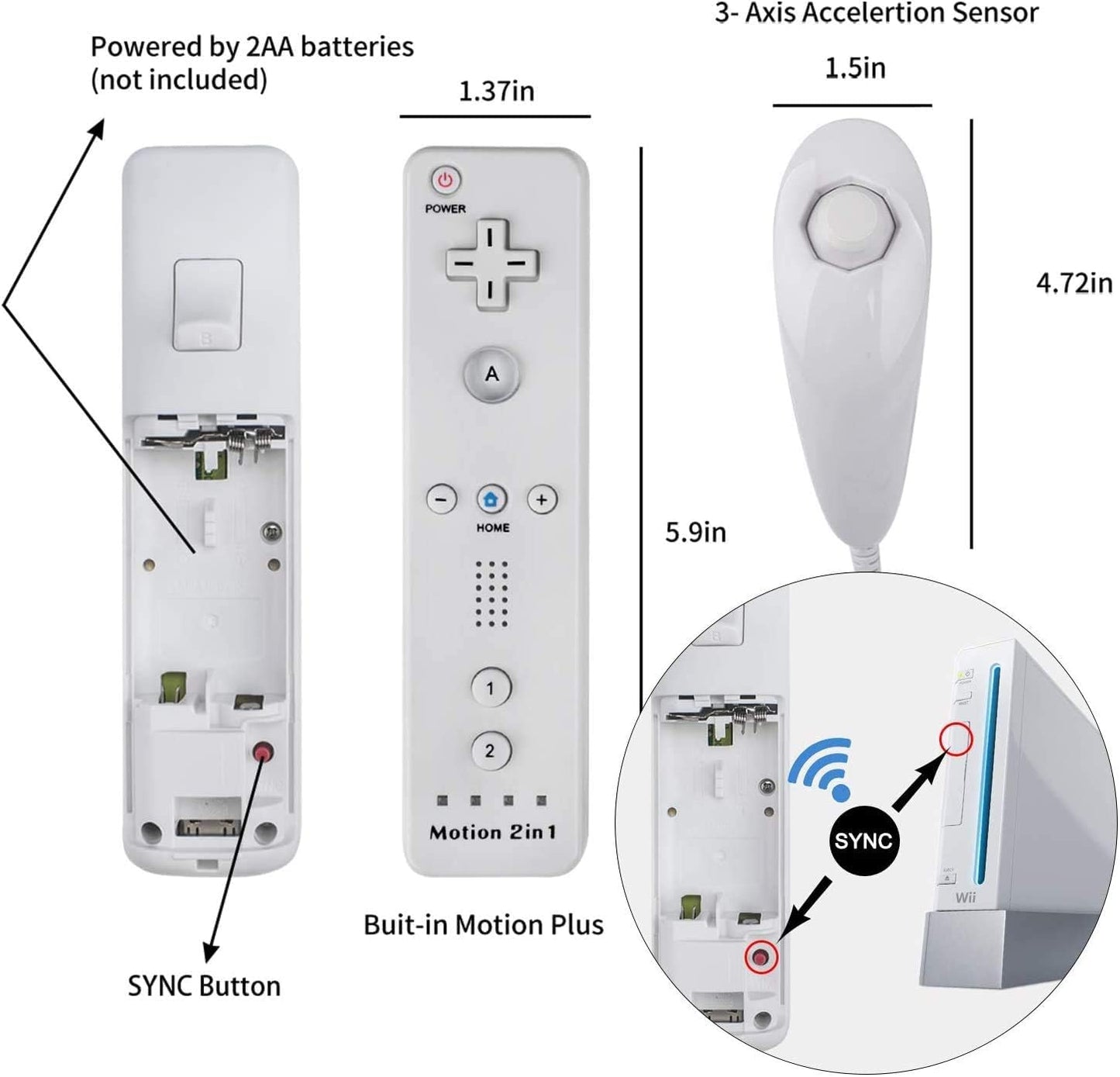 TechKen Wii Remote Controller Set - 2 Remotes with Motion Sensor Plus & 2 Nunchucks - Black & White