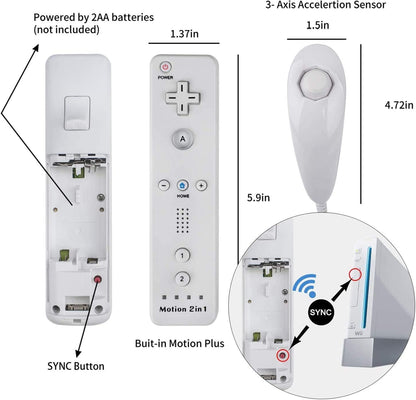 TechKen Wii Remote Controller Set - 2 Remotes with Motion Sensor Plus & 2 Nunchucks - Black & White