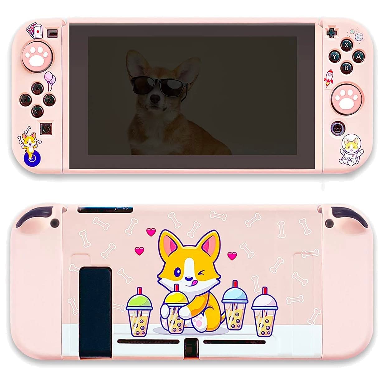BelugaDesign Corgi Boba Switch Bundle | Cute Kawaii Dog Bubble Tea Pastel Pet Case | Cover Shell with Thumb Grips Compatible wit