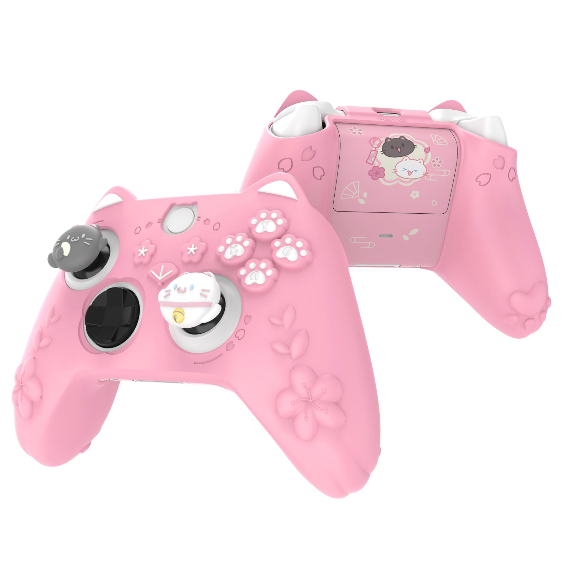 PlayVital Cute Silicone Controller Skin for Xbox Series X/S - Cherry Blossoms Kitten Anti-slip Grip Protector W/Thumb Grips & St