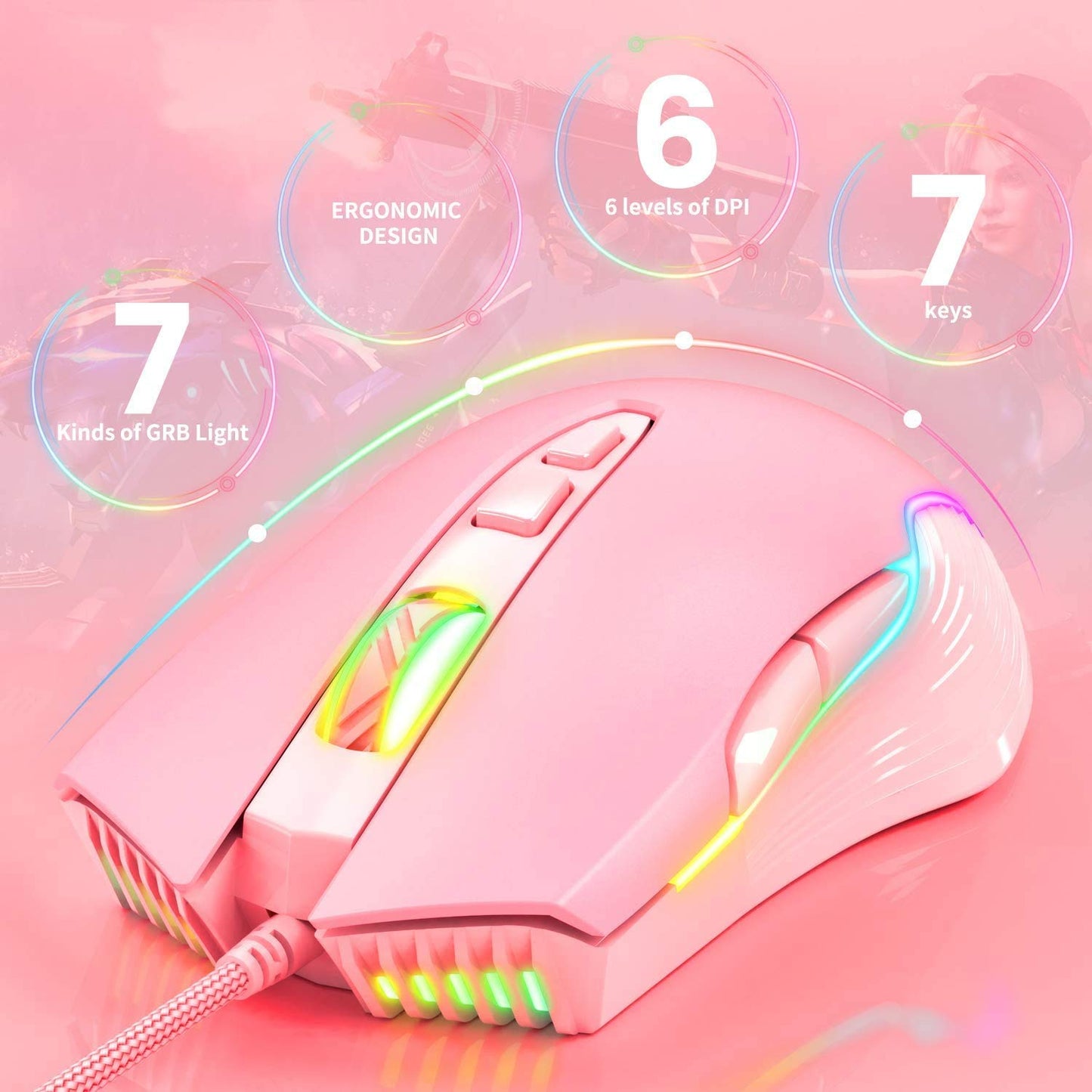 SIMGAL RGB Gaming Mouse - Wired USB Optical Mice, 6400 DPI, Ergonomic, 7 Programmable Buttons, Pink