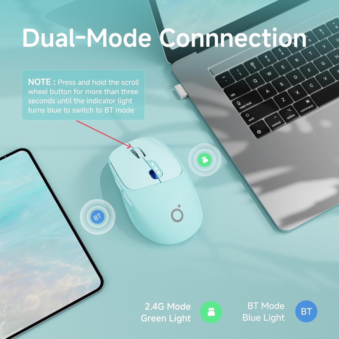 SEUNKWANG Q5 Wireless Mouse - Bluetooth & 2.4G, 1600 DPI, Ergonomic, Quiet, Portable, Blue