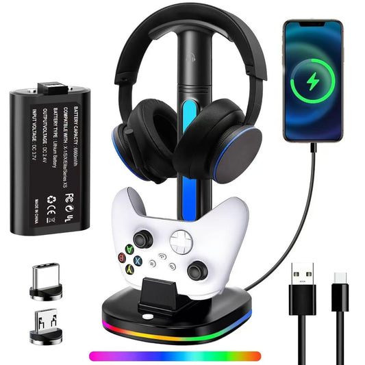 Xbox Headphone Stand with Controller Charger  RGB Xbox Controller Charging Station Headset Stand for Xbox Series X/S/One/One X/One S Charging  Equipped with 1 * 5180mWh Rechargeable Xbox Battery Pack