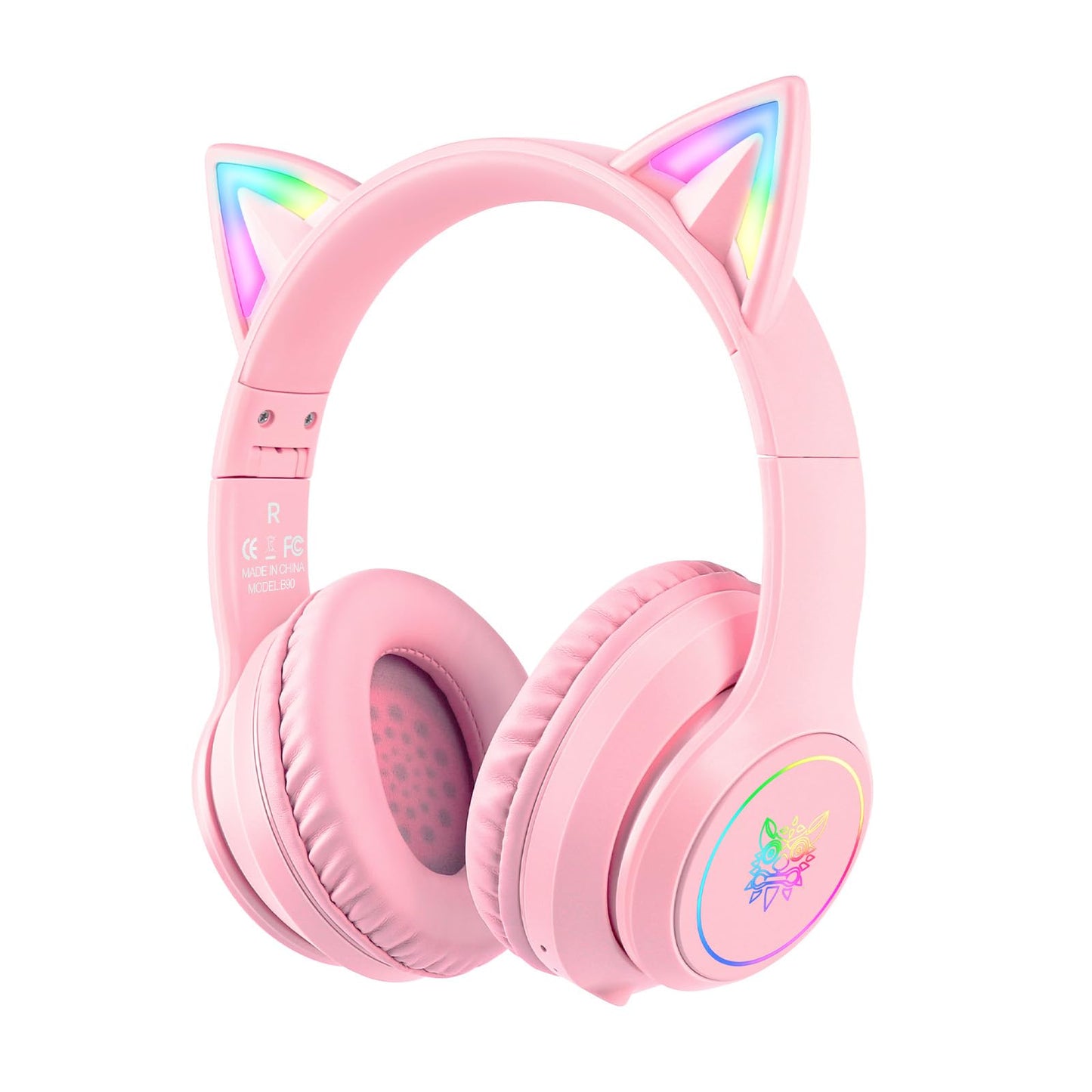 SIMGAL B90 Bluetooth Cat Ear Headphones for Kids - Foldable, Wired/Wireless, Pink, with Mic & RGB LED Light