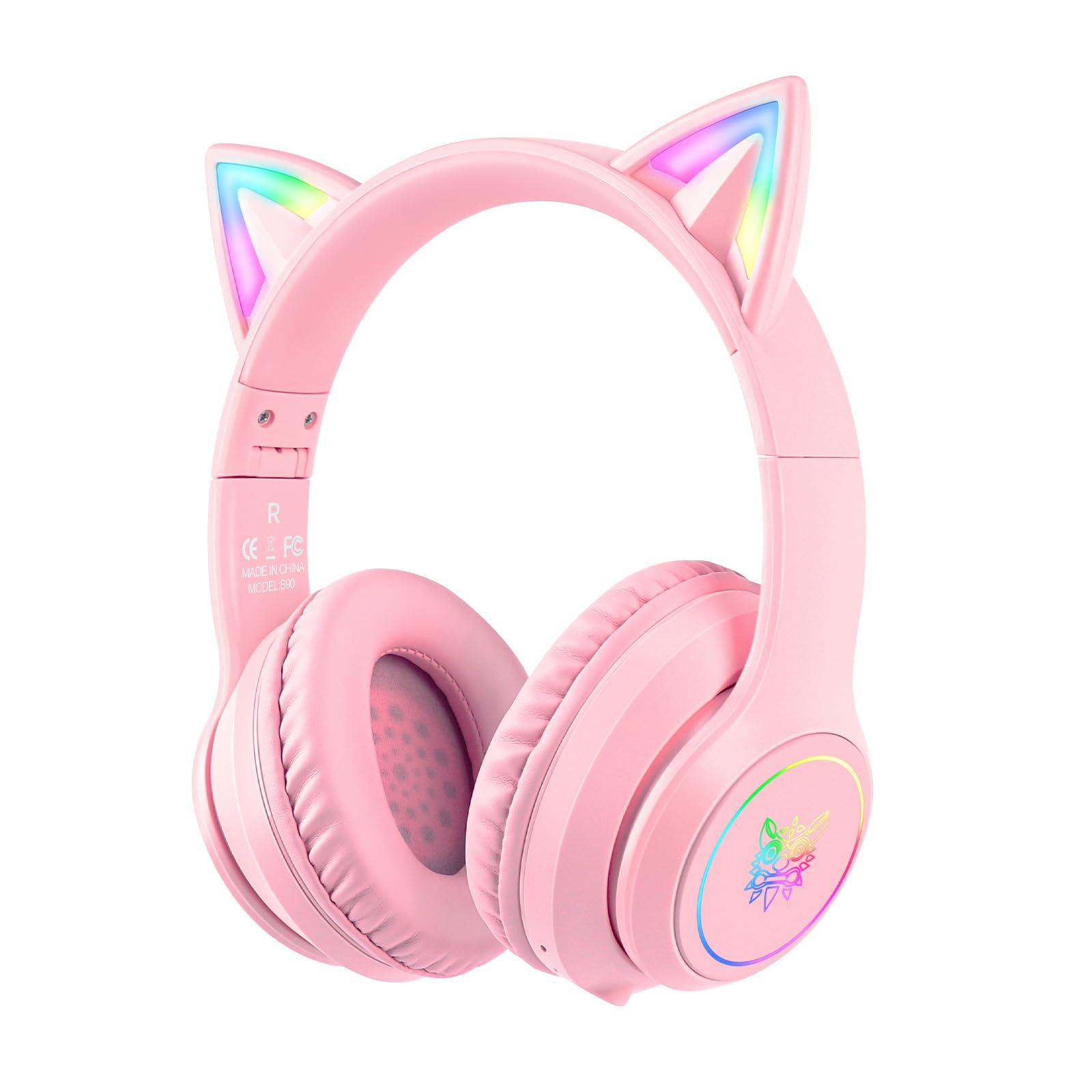 SIMGAL B90 Bluetooth Cat Ear Headphones for Kids - Foldable, Wired/Wireless, Pink, with Mic & RGB LED Light