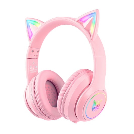 SIMGAL B90 Bluetooth Cat Ear Headphones for Kids - Foldable, Wired/Wireless, Pink, with Mic & RGB LED Light