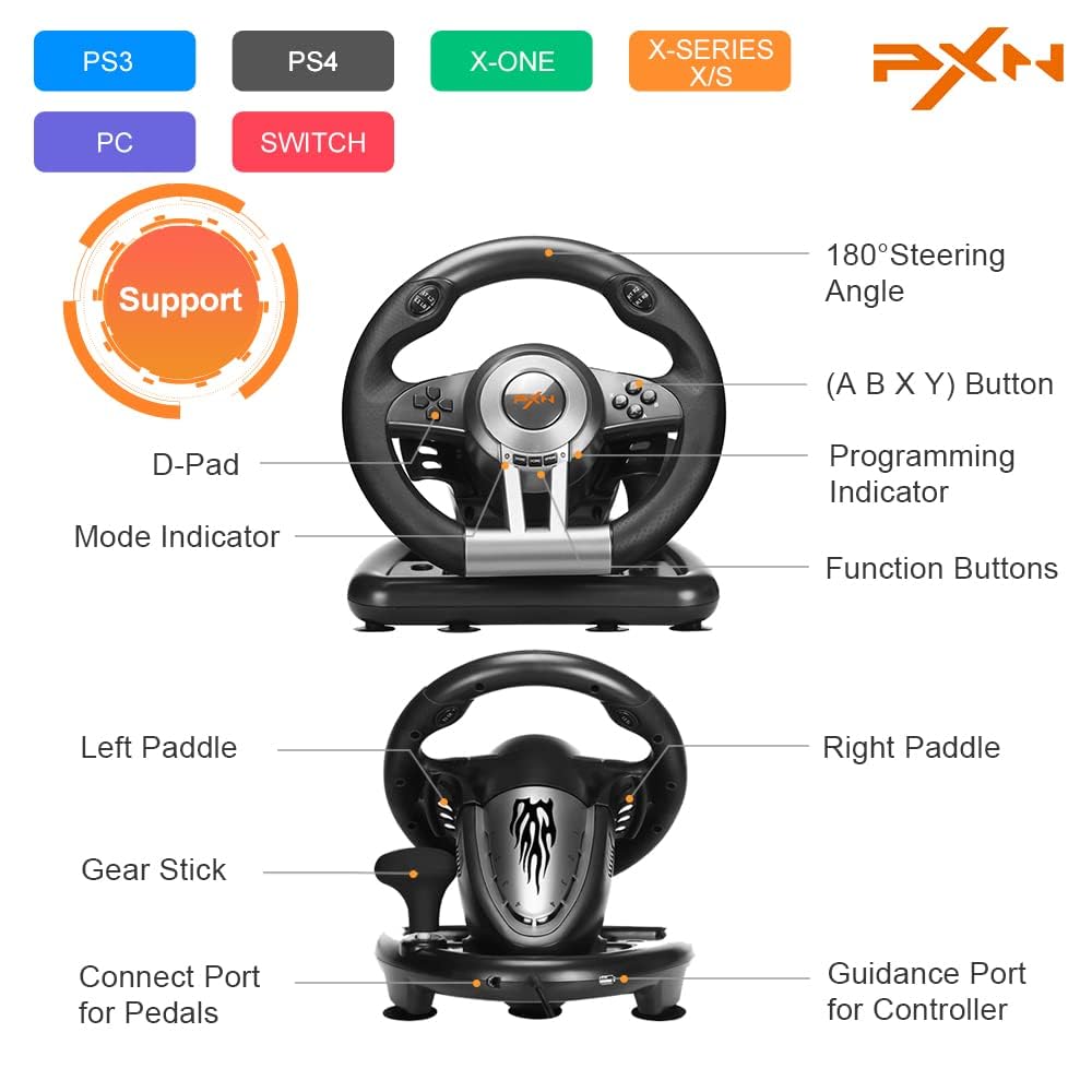 PXN V3 PRO Racing Wheel - 180° Universal USB Steering Wheel with Pedals for Xbox, PS4, Switch - Black