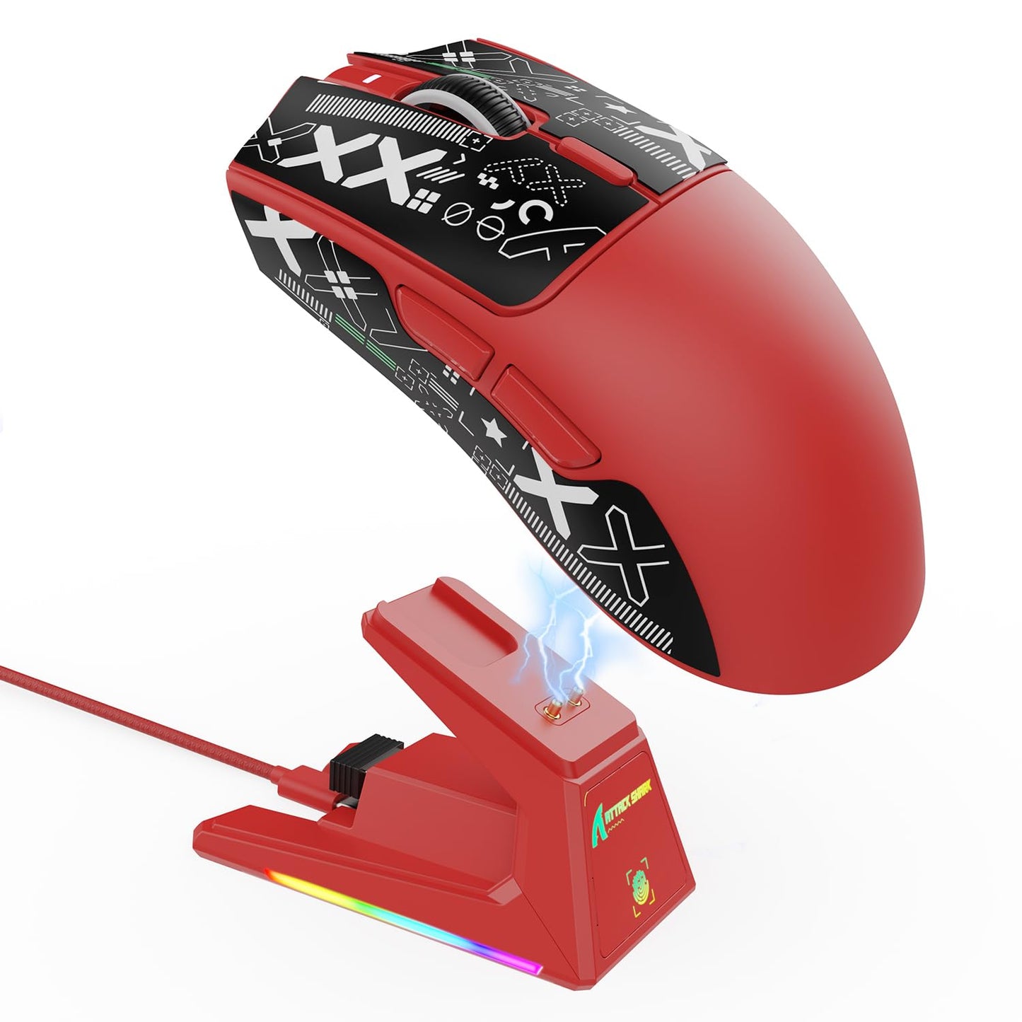 ATTACK SHARK X1 Ultralight Wireless Gaming Mouse, 40000DPI, RGB Charging Dock, Red, Anti-Slip Grip for PC/Mac Gamers