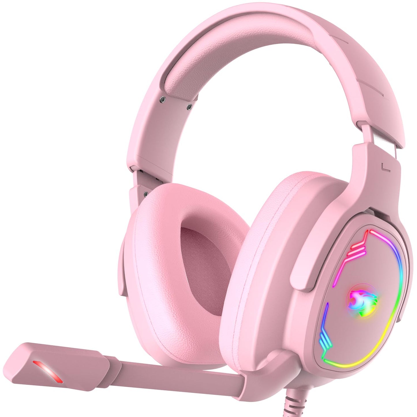 Jimonyer Gaming Headset - Stereo Surround Sound, Noise Canceling Mic, 3.5mm Jack, RGB Light, Pink, Model A82